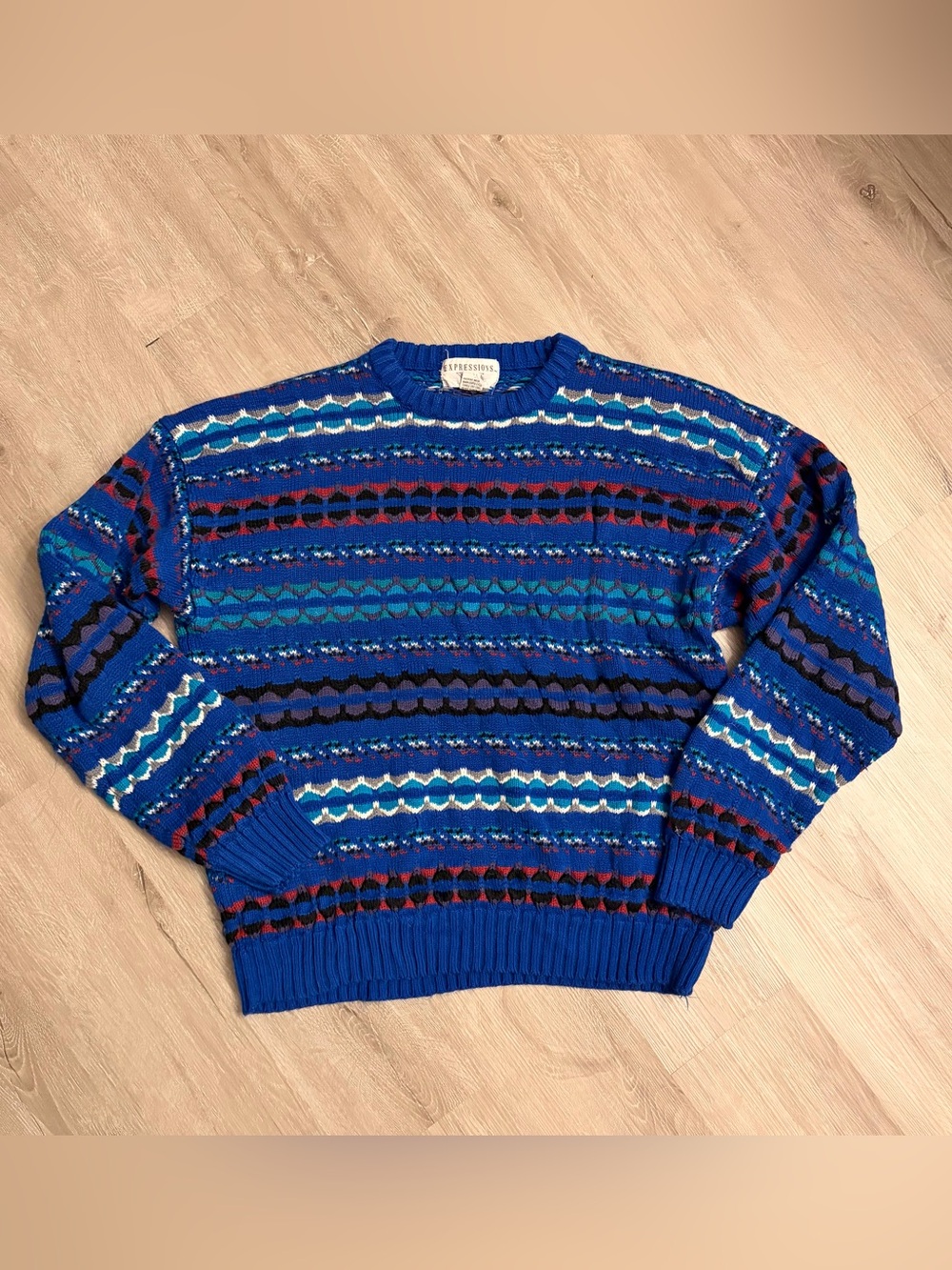 Vintage 90s Expressions Sweater Mens L Blue Geometric Knit Grandpa Pullover